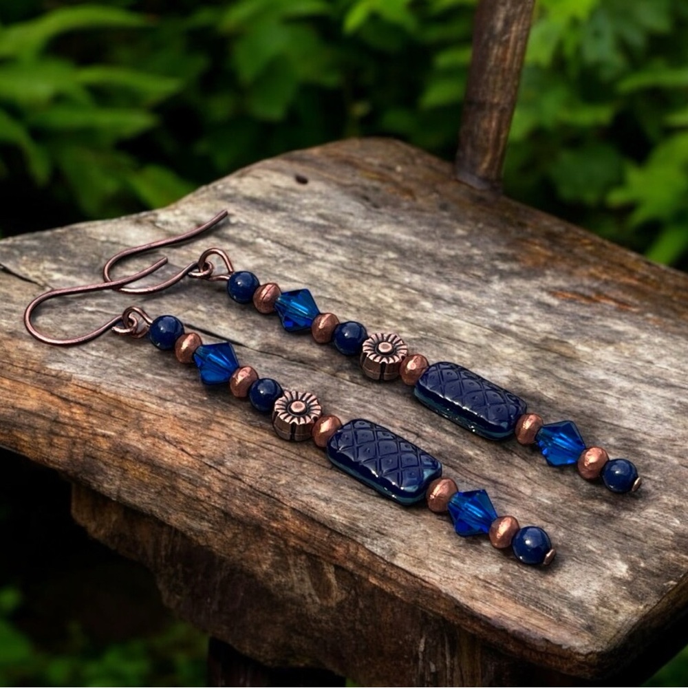 Handcrafted Blue and Copper Beaded Earrings - Picture 2 of 11
